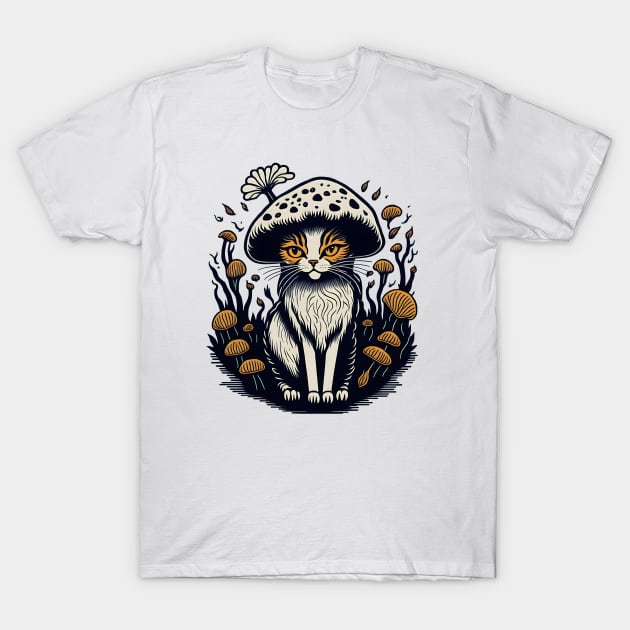 Cat With A Mushroom Hat Cottagecore T-Shirt by MonkeyStuff